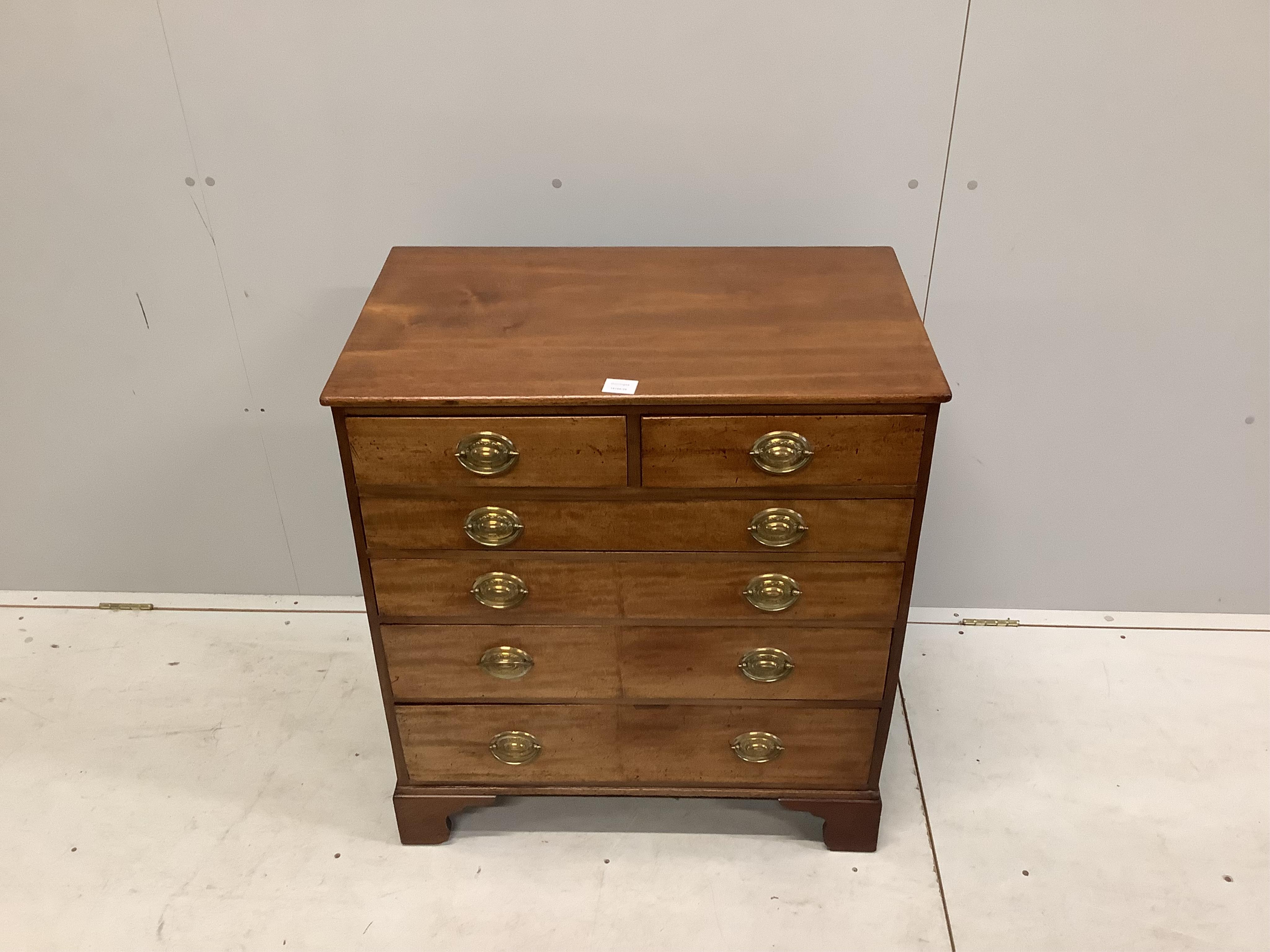 A small George III mahogany six drawer chest, width 77cm, depth 46cm, height 84cm. Condition - fair